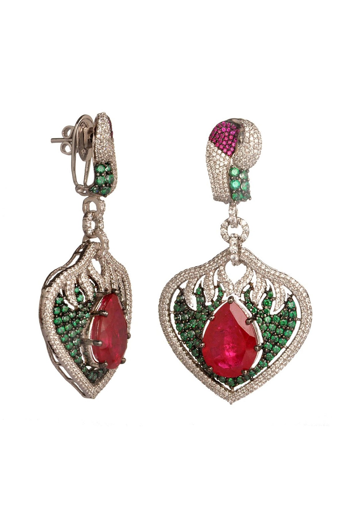 White Finish Cubic Zirconia & Hydro Ruby Dangler Earrings
