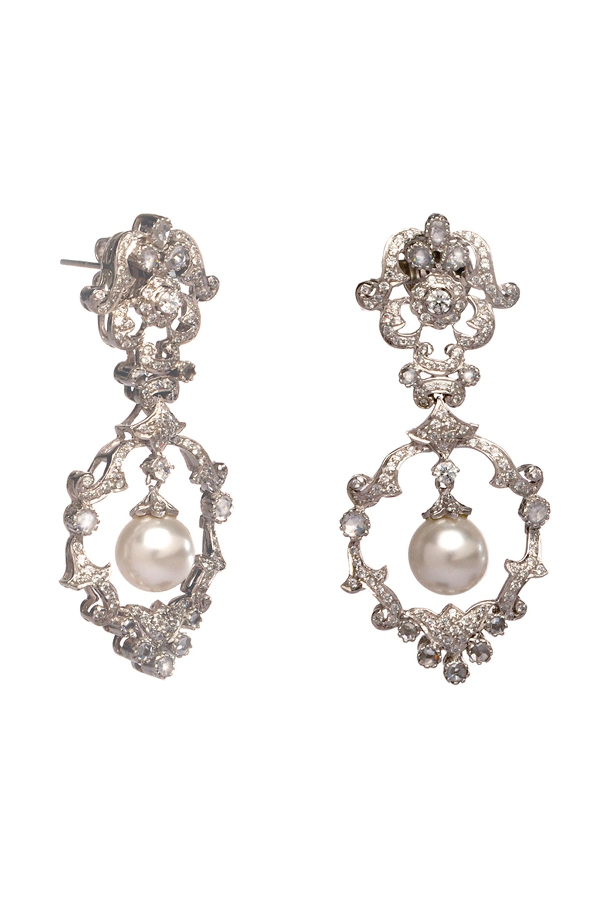 White Finish Zircon & Shell Pearl Dangler Earrings