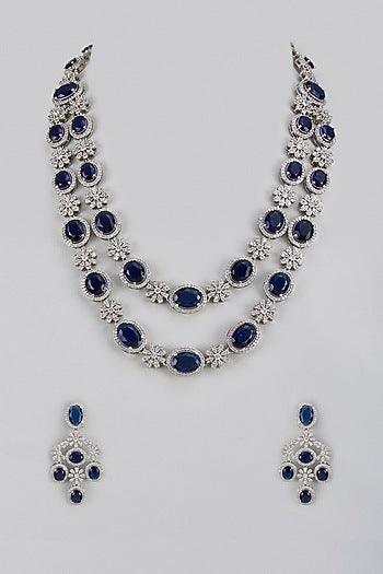 White Finish Blue Sapphire & Zircon Long Necklace Set