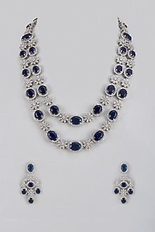 White Finish Blue Sapphire & Zircon Long Necklace Set