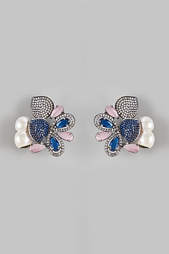 White Finish Zircon & Baroque Pearl Stud Earrings