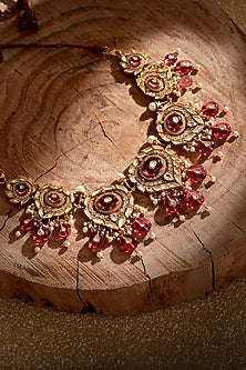Gold Finish Cabochon Stone & Zircon Necklace In Sterling Silver