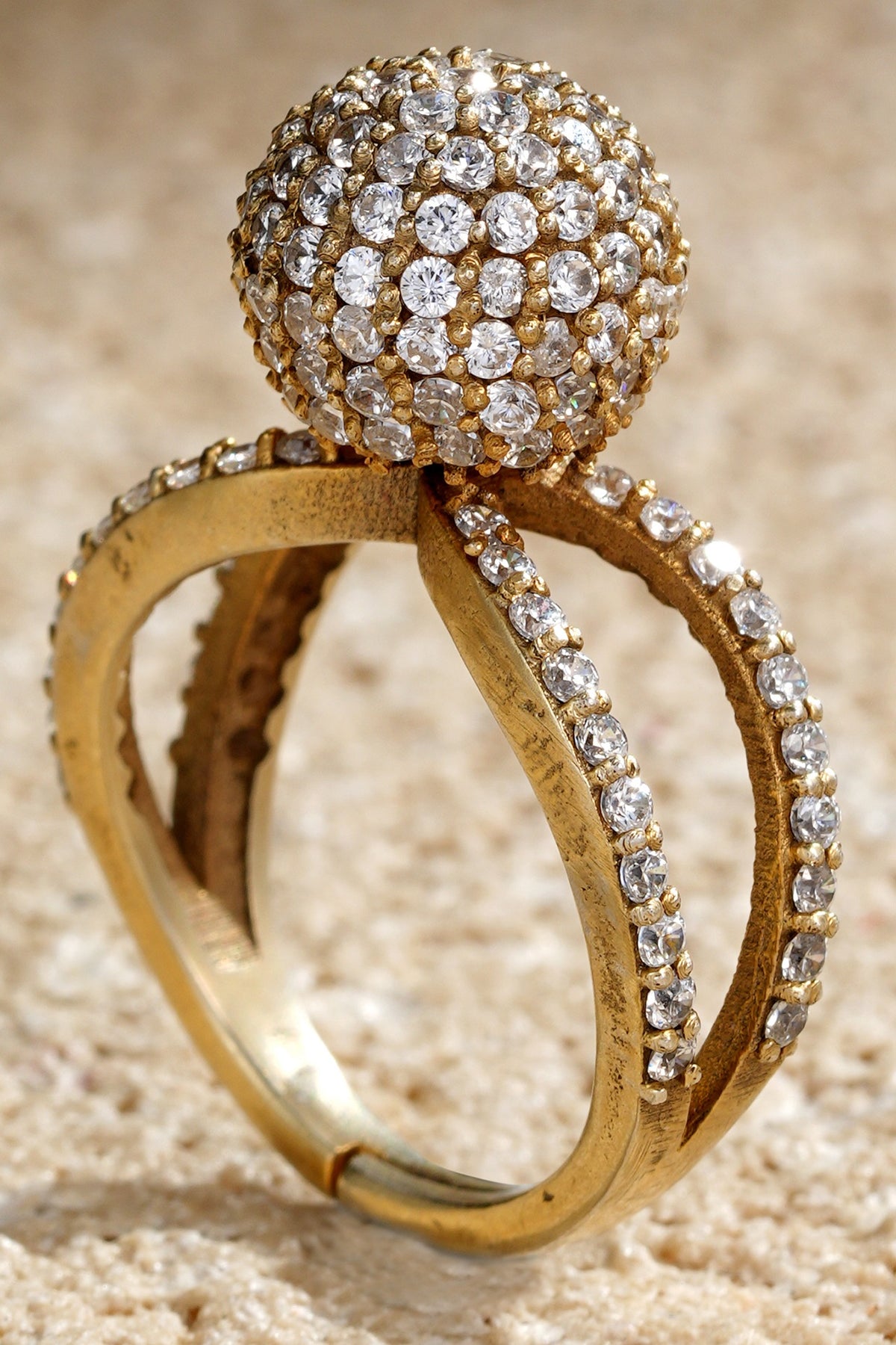 Gold Plated Zircon Criss-Cross Shaped Ring In Sterling Silver
