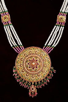 Gold Plated Lab Created Stone & Pearl Long Necklace Set