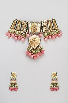 Gold Finish Semi-Precious Stone & Pearl Meenakari Necklace Set