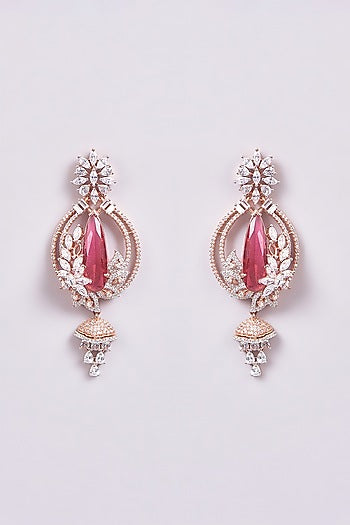 Rose Gold Finish Zircon & Red Semi-Precious Stone Meenakari Dangler Earrings