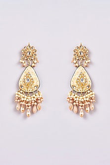 Gold Finish Peach Semi-Precious Stone & Pearl Meenakari Dangler Earrings