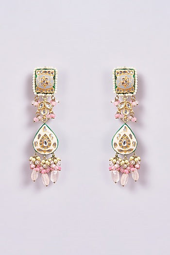 Gold Finish Pink Semi-Precious Stone & Pearl Meenakari Dangler Earrings