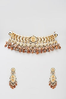 Gold Finish Semi-Precious Stone & Pearl Meenakari Necklace Set