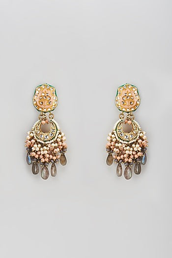 Gold Finish Semi-Precious Stone & Pearl Meenakari Dangler Earrings