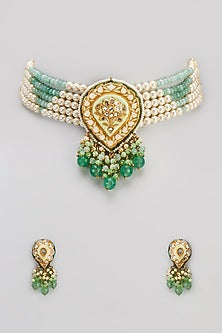 Gold Finish Semi-Precious Stone & Pearl Meenakari Necklace Set