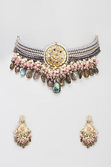 Gold Finish Semi-Precious Stone & Pearl Meenakari Necklace Set