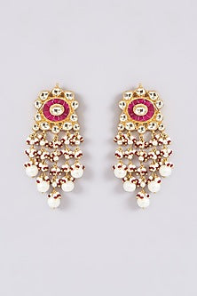 Gold Finish Kundan Polki & Red Semi-Precious Stone Dangler Earrings