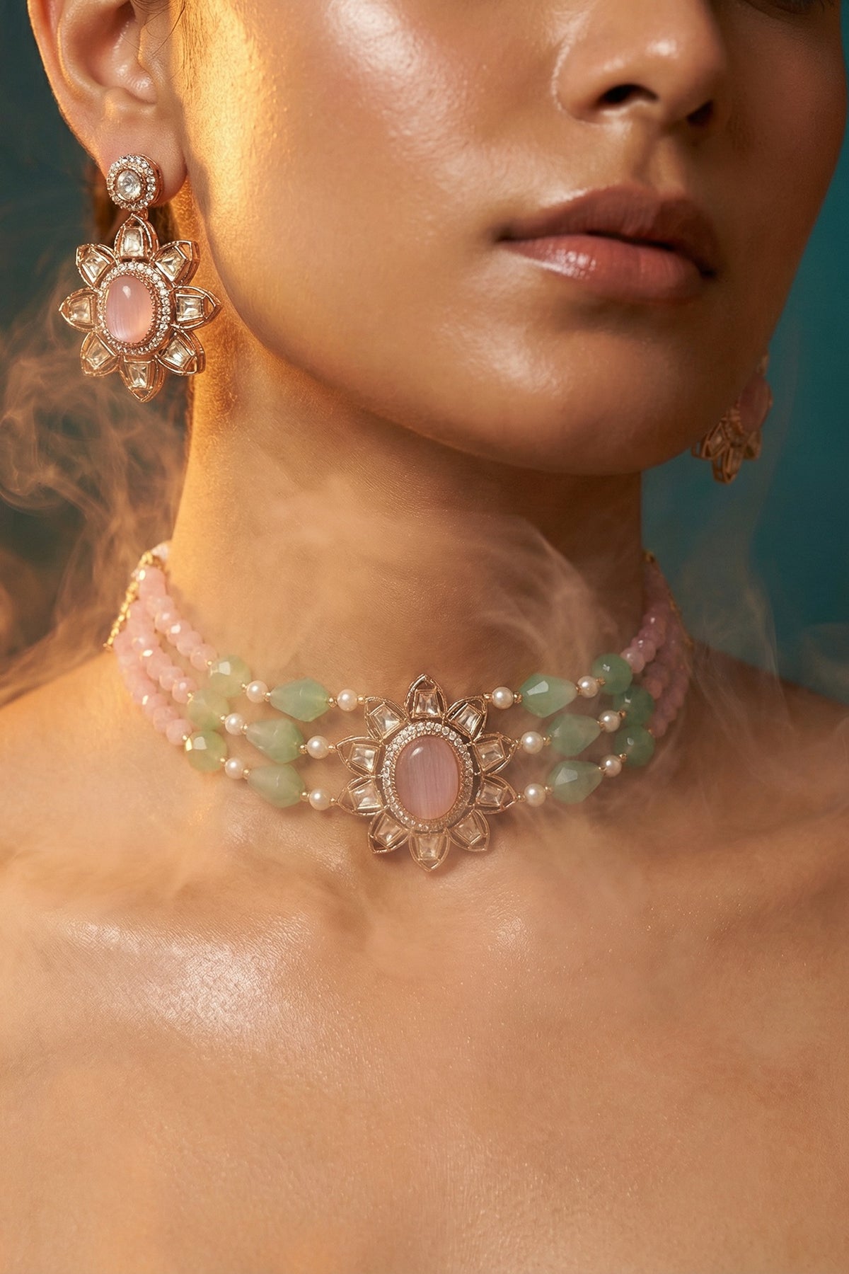 Micro Gold Finish Kundan Polki & Pearl Necklace Set