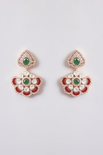Gold Finish Green Kundan Polki Dangler Earrings