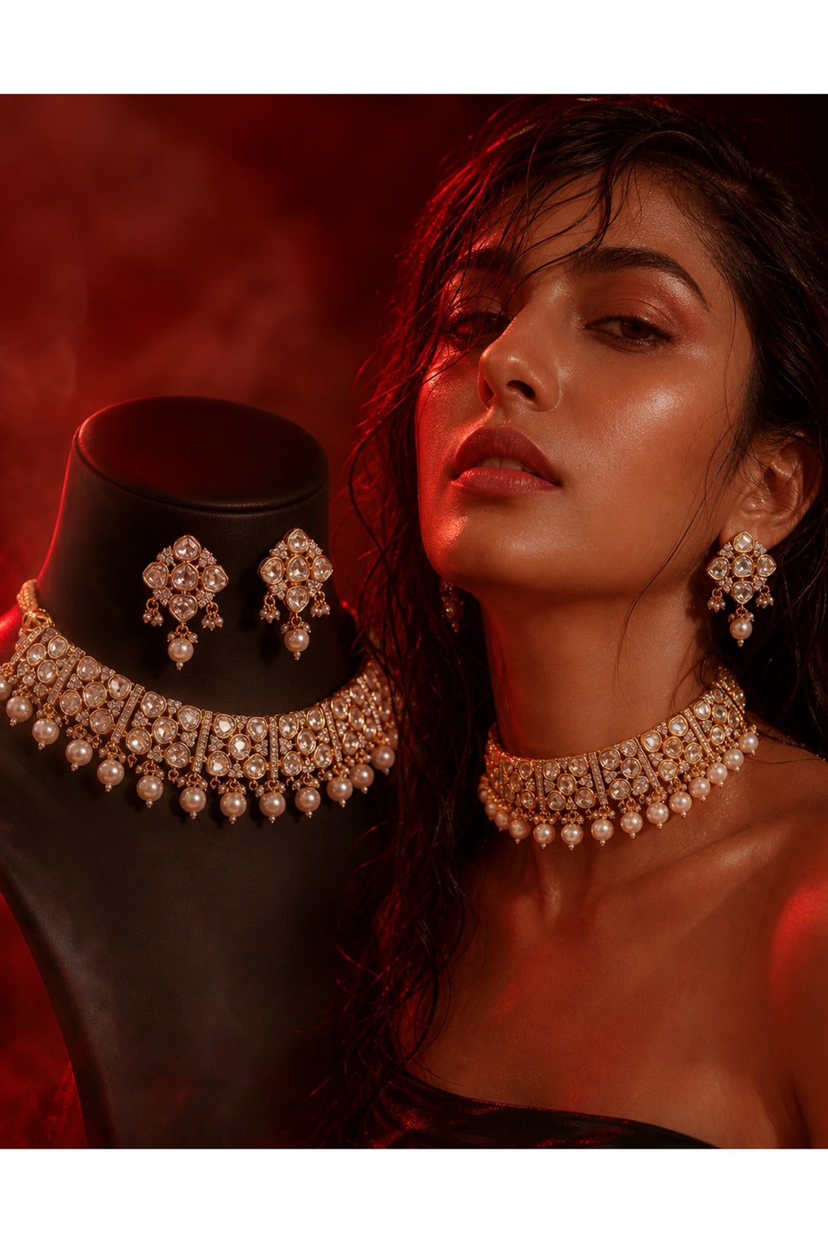 Micro Gold Finish Kundan Polki & Pearl Necklace Set