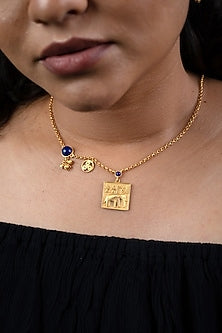Gold Finish Semi-Precious Lapis Lazuli Charm Necklace In Sterling Silver