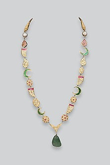 14kt Yellow Gold 24kt Natural Polki Diamond & Aventurine Stone Drop Long Necklace