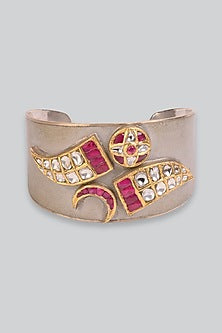 14kt White Gold 24kt Natural Polki Diamond & Natural Ruby Cuff In Sterling Silver