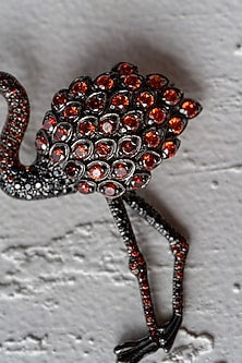 Ruthenium Finish Garnet Flamingo Brooch In Recycled Sterling Silver