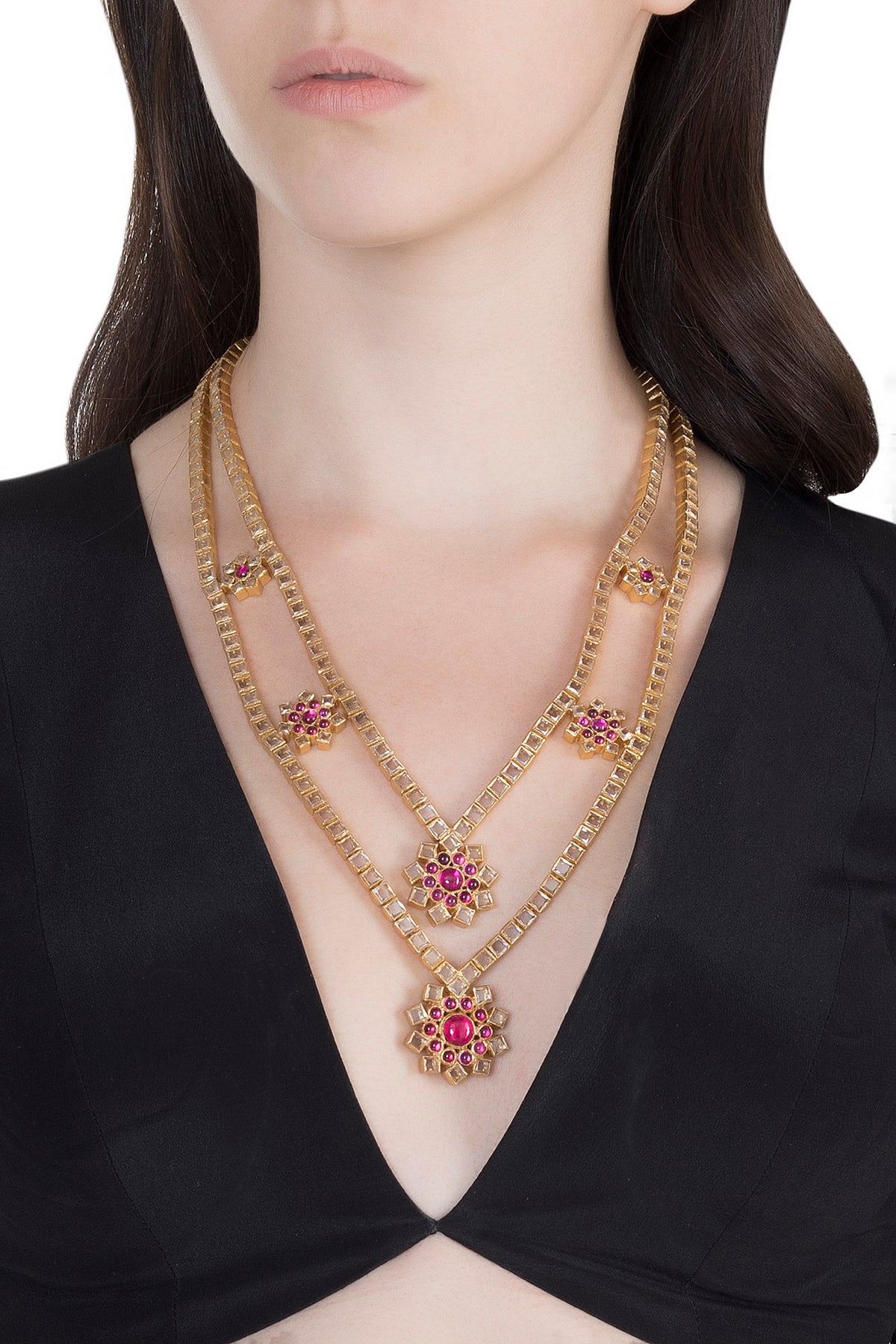 Gold Finish Polki Double Necklace