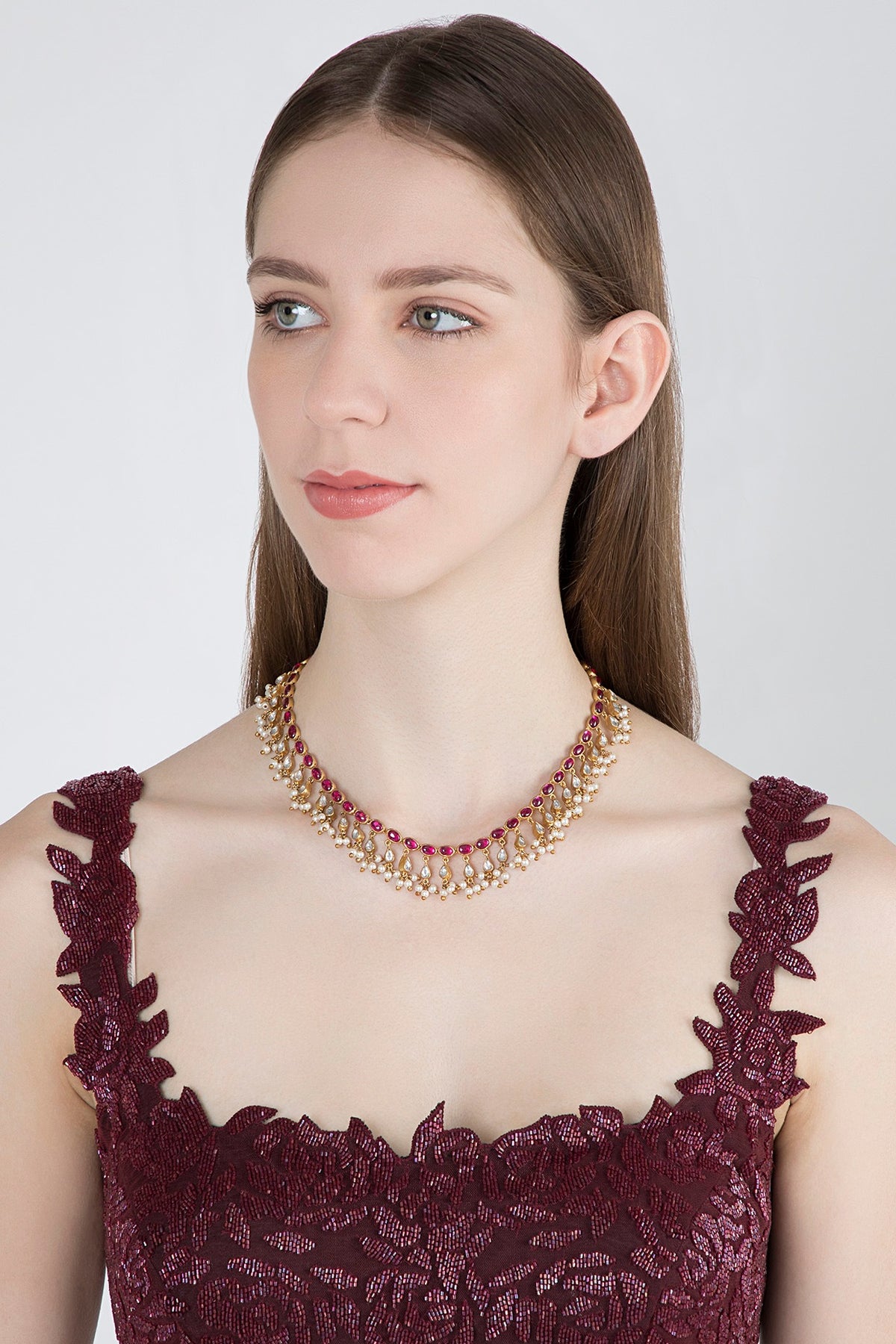 Gold Plated Pearls & Red Quartz Necklace