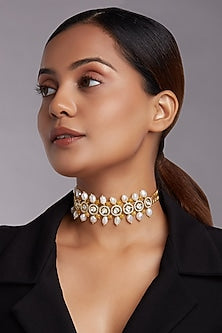 Gold Finish Choker Necklace With Agate Drops