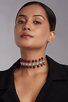 Gold Finish Choker Necklace With Red Onyx