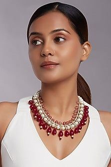 Gold Finish Red Onyx Drop Necklace