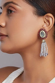 Gold Finish Grey Carved Agate Dangler Earrings