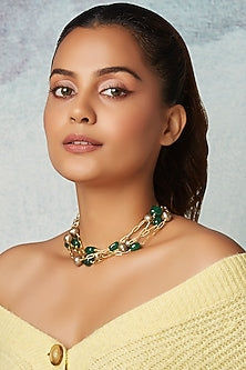 Gold Finish Green Onyx & Pearls Necklace
