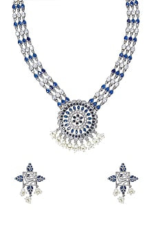 White Finish Aqua Synthetic Stone Handcrafted Long Necklace Set