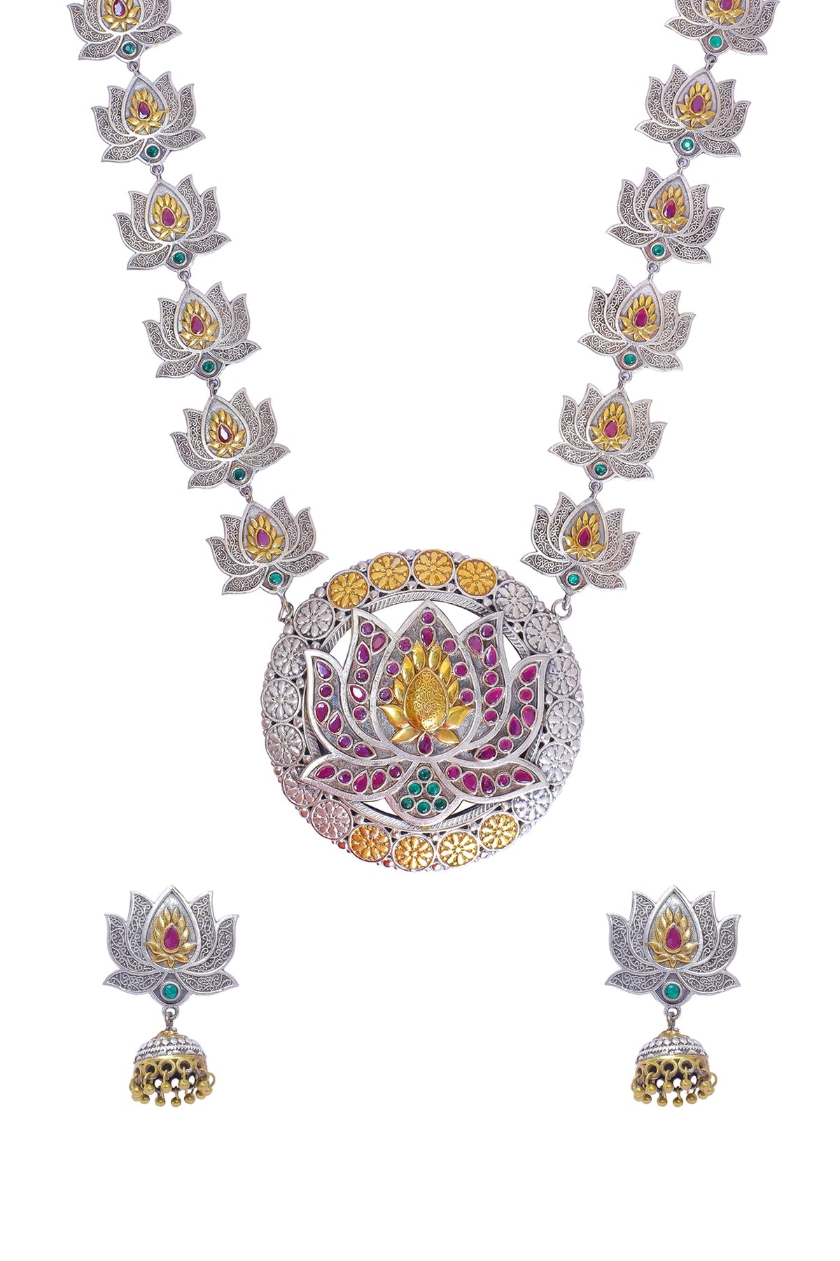 Two Tone Finish Multi-Colored Synthetic Stones Long Necklace Set