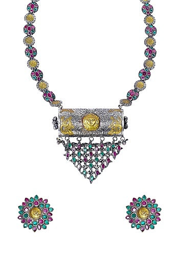 Two Tone Finish Long Necklace Set With Multi-Colored Synthetic Stones