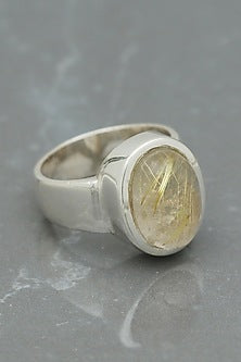 White Finish Golden Rutile Oval Ring In Sterling Silver
