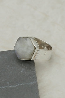 White Finish Moonstone Hexagonal Ring In Sterling Silver
