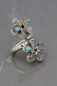 White Finish Labradorite Floral Ring In Sterling Silver