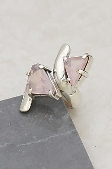White Finish Rose Quartz Cact Ring In Sterling Silver