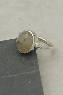White Finish Gold Rutilated Quartz Ring In Sterling Silver