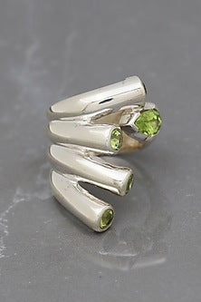 White Finish Green Peridot Gemstone Ring In Sterling Silver