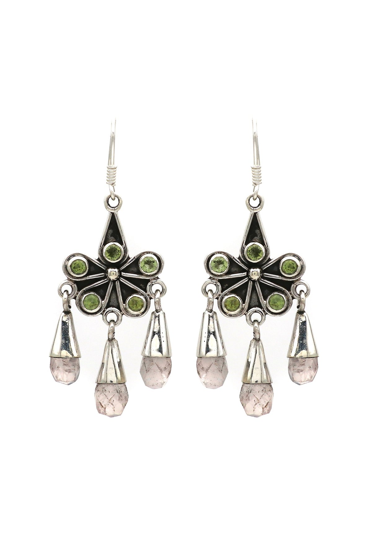 White Finish Peridot Gemstone Dangler Earrings In Sterling Silver