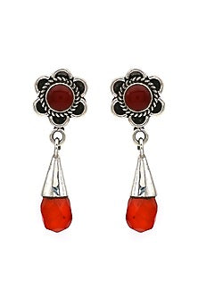 White Finish Red Onyx Floral Dangler Earrings In Sterling Silver