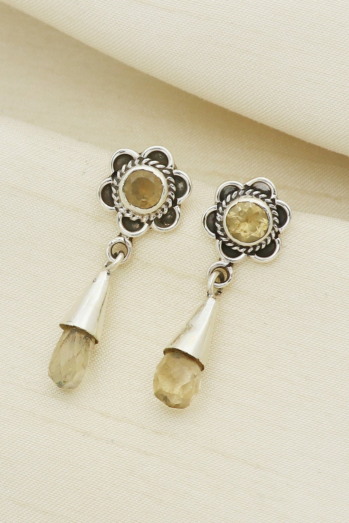White Finish Quartz Floral Dangler Earrings In Sterling Silver