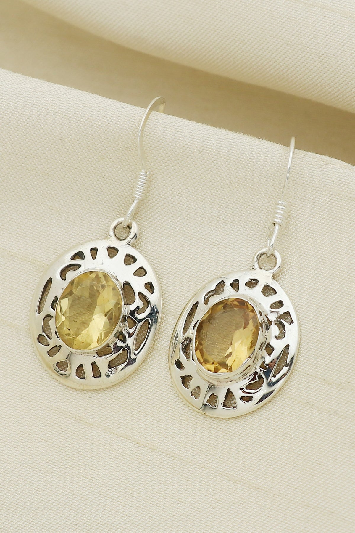 White Finish Citrine Halo Drop Dangler Earrings In Sterling Silver