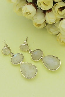 White Finish Triple Moonstone Stud Earrings In Sterling Silver