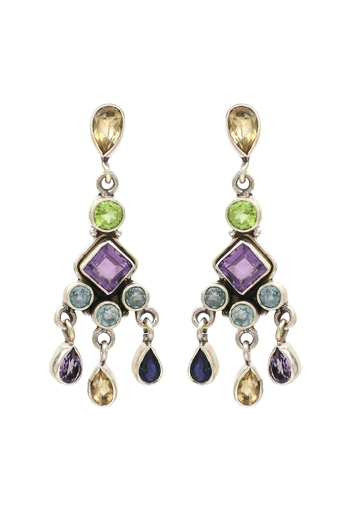 White Finish Multi-Colored Gemstone Dangler Earrings In Sterling Silver