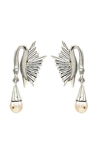 White Finish Pearl Swan Dangler Earrings In Sterling Silver