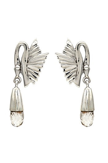 White Finish Crystal Swan Dangler Earrings In Sterling Silver