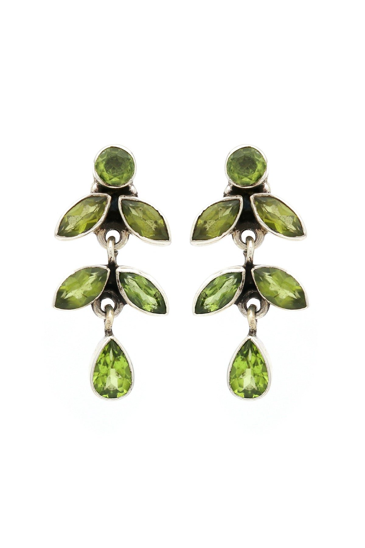 White Finish Peridot Spring Dangler Earrings In Sterling Silver