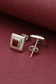 Oxidised Finish Red Onyx Stud Earrings In Sterling Silver